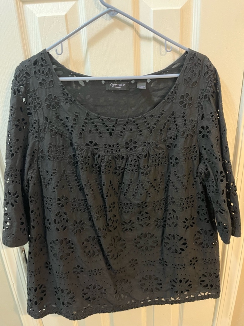 Context Black Eyelet 3/4 Sleeve Scoop Neck Lined Blouse 100% Cotton Size 20W